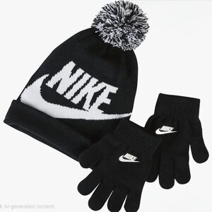 NWT Nike Black & White Pom Beanie and Glove Set for Kids